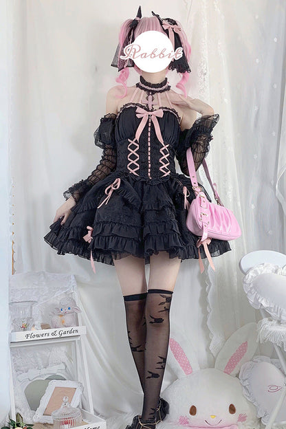 Black/Pink Tube Top Sleeveless Ruffle Bowknot Gothic Lolita Jsk Tiered Dress