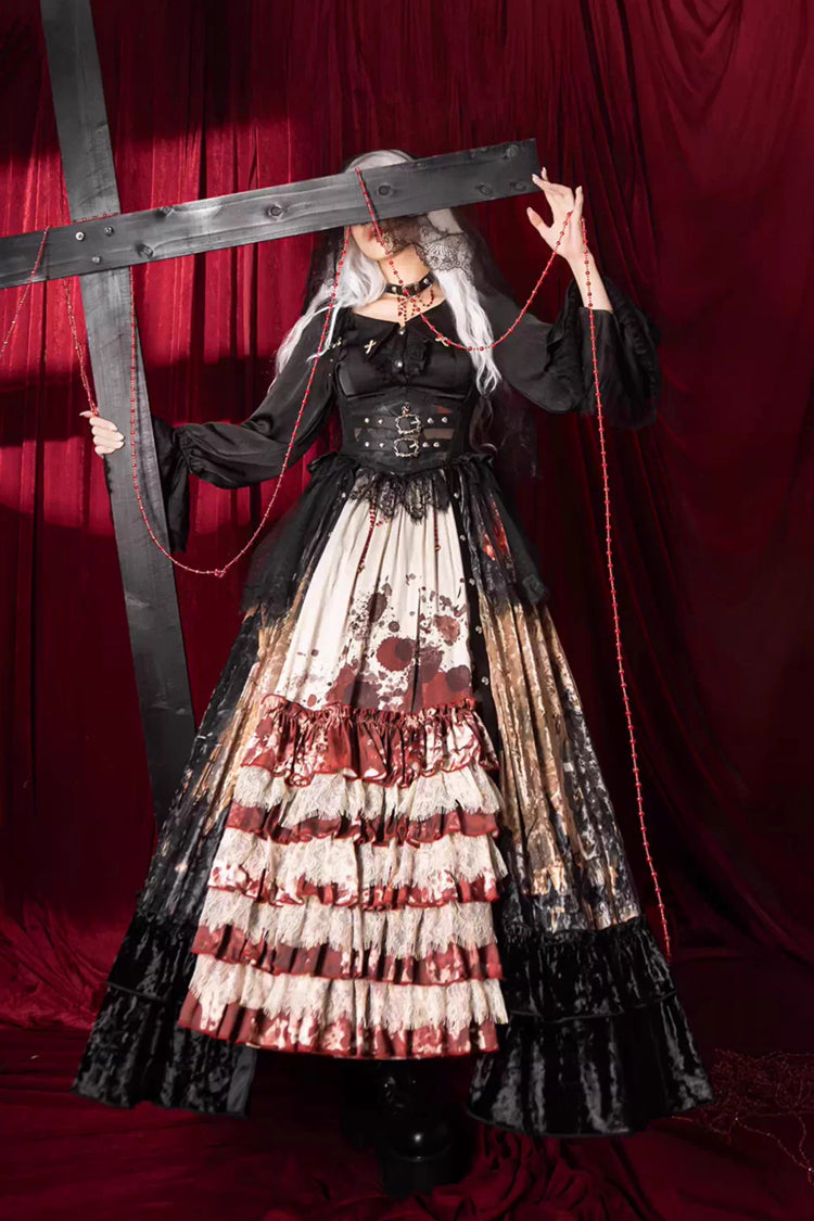 [Heretical Nun] Sleeveless Multi-Layered Printed Ruffled Open-Front Gothic Plus Size Lolita Strap Dress Long Version 2 Colors