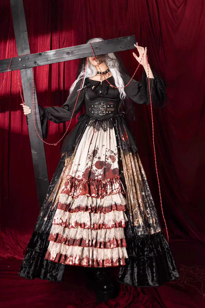 [Heretical Nun] Sleeveless Multi-Layered Printed Ruffled Open-Front Gothic Plus Size Lolita Strap Dress Long Version 2 Colors