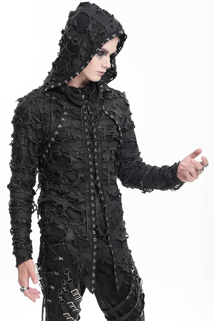 Black Studs Long Sleeves Lace-Up Ripped Men's Gothic Hooded Coat