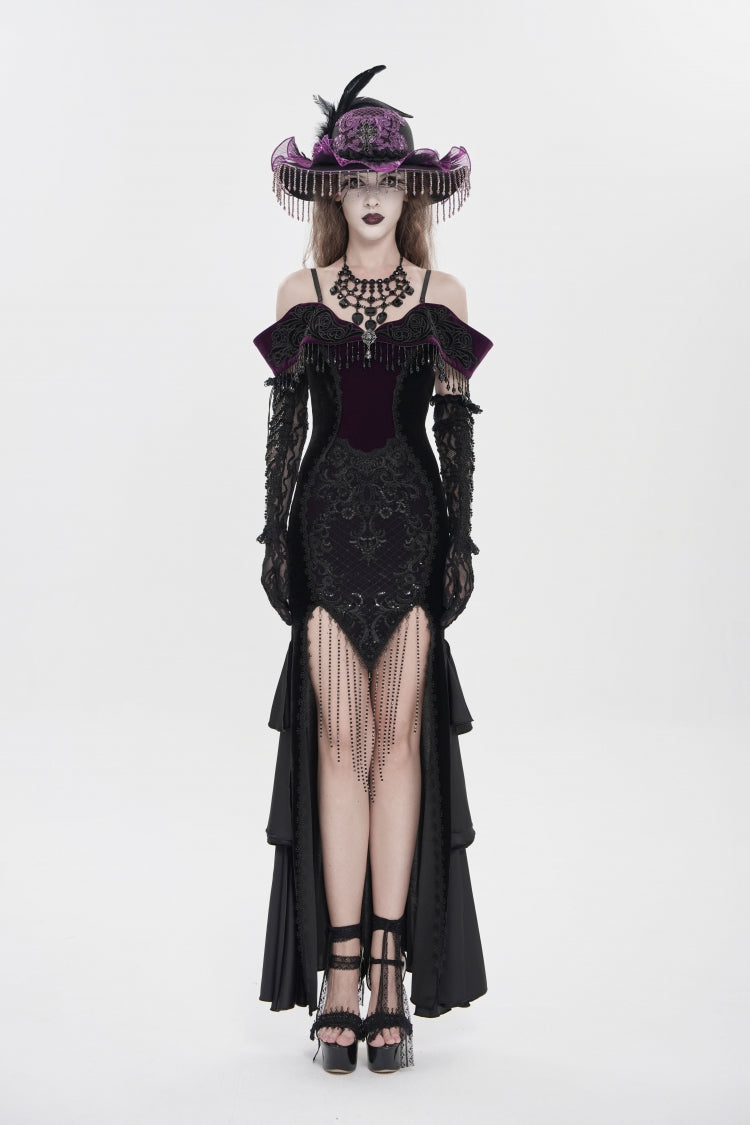 Black/Purple Off Shoulder Sleeveless Embroidered Lace Slim Women's Gothic Gorgeous Strapless Dress