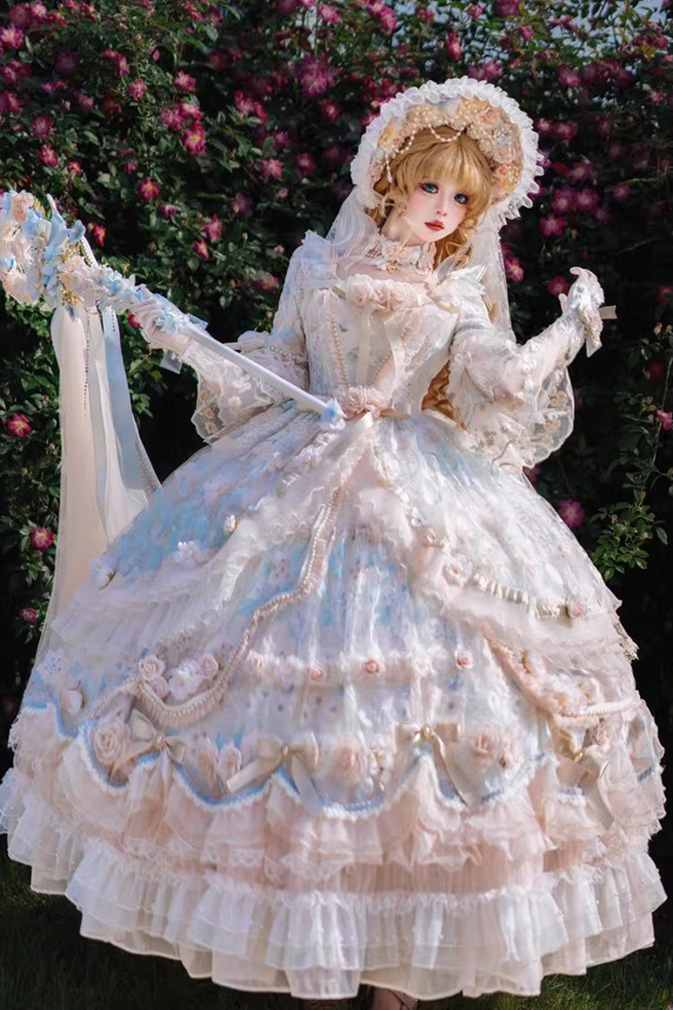 Blue/Pink [Rose Blossom Banquet] Multi-Layered Printed Ruffled Hanayome Bow Lace Sweet Plus Size Princess Gorgeous Lolita Dress