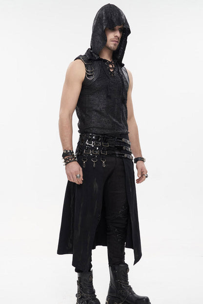Black Punk Patent Leather Paneled Belt Irregular Print Metal Men's Skirt