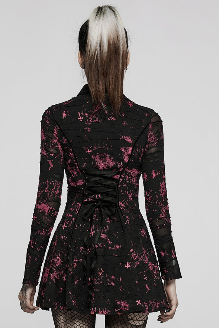 Black/Red Long Sleeves Print Slim Ripped Tie-dyed Women's Gothic Dress