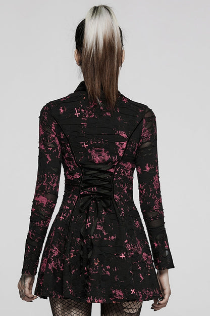 Black/Red Long Sleeves Print Slim Ripped Tie-dyed Women's Gothic Dress