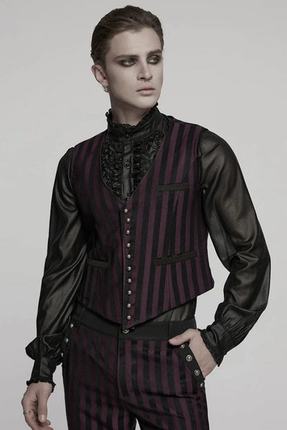 Black/Red V Collar Sleeveless Striped Print Buckle Men's Punk Vest