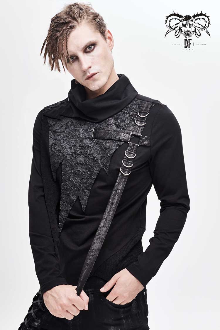 Black Worn Out Cross Shaped Hasp High Collar Asymmetric Hem Men's Punk T-Shirt