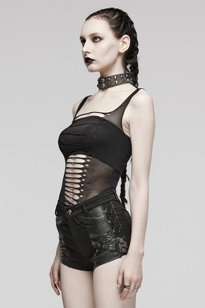 Black Sleeveless Ripped Spaghetti Straps Women's Punk Vest