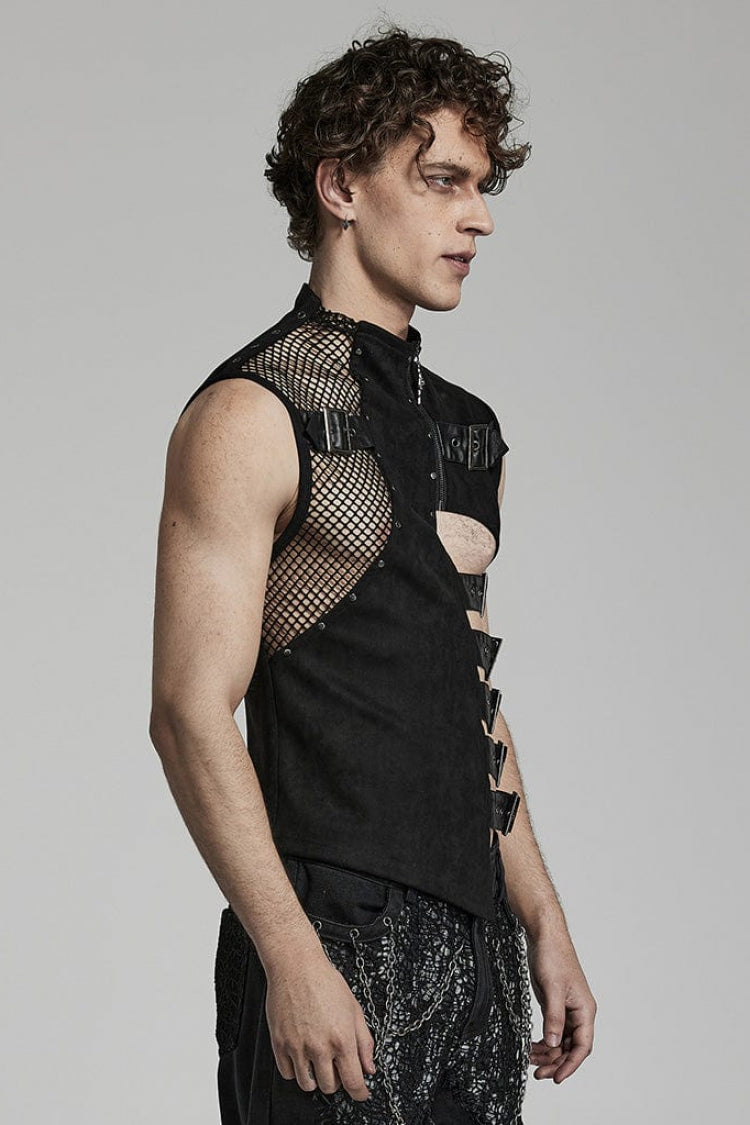 Black Sleeveless Hollow Suede Leather Stitching Irregular Mens Gothic Vest