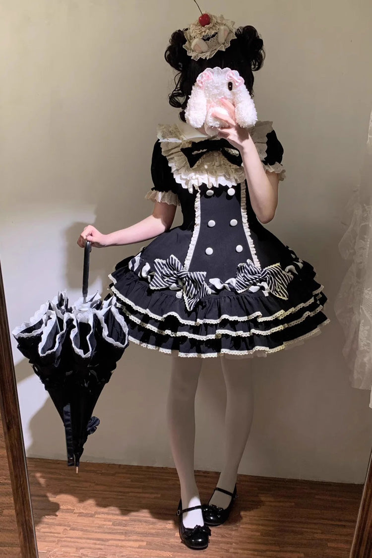 Black [Striped Layered] Short Sleeves Multi-Layered Ruffle Bowknot Sweet Princess Lolita Tiered Dress