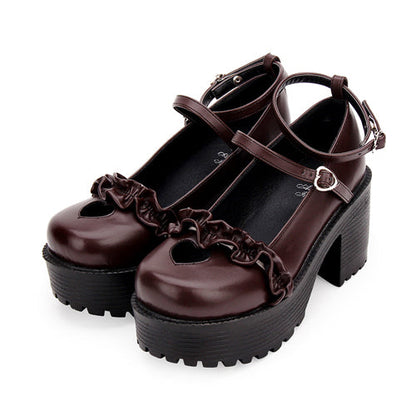 Round Toe Hollow Out Heart Shape Ruffle School Sweet Lolita Shoes