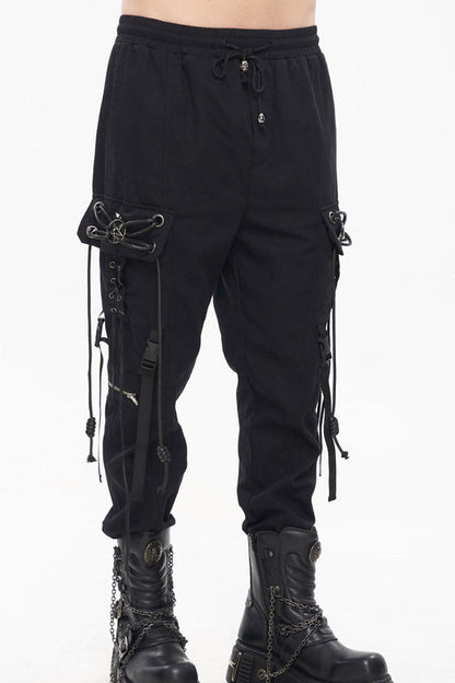 Black Punk Fine Twill Two-Wear Metal Buckle Chain Decoration Men's Pants