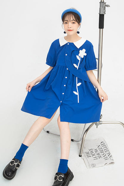 Blue Lapel Collar Short Sleeve High Waist Single Breasted Sweet Lolita Dress