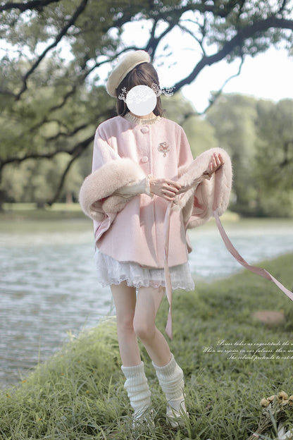 Pink Long Sleeves Lace Sweet Japanese Lolita Fluffy Cloak Coat