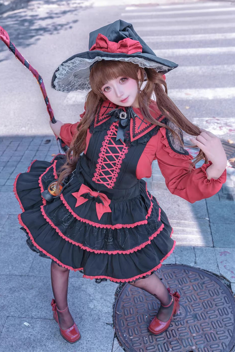 Black/Red [Showa Cake] Sleeveless Triple-Layered Ruffled Bow Lace-Up Witch Gothic Lolita Jsk Dress