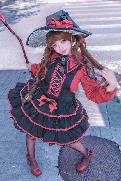 Black/Red [Showa Cake] Sleeveless Triple-Layered Ruffled Bow Lace-Up Witch Gothic Lolita Jsk Dress