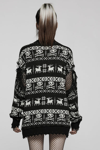 Black/White Stand Collar Long Sleeves Skull Deer Print Grunge Women's Gothic Loose Sweater
