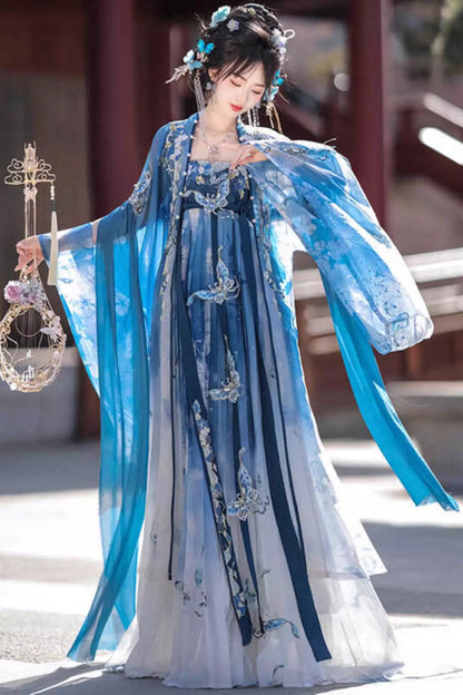 Blue Print Embroidery Women's Gorgeous Hanfu Dress Full Set