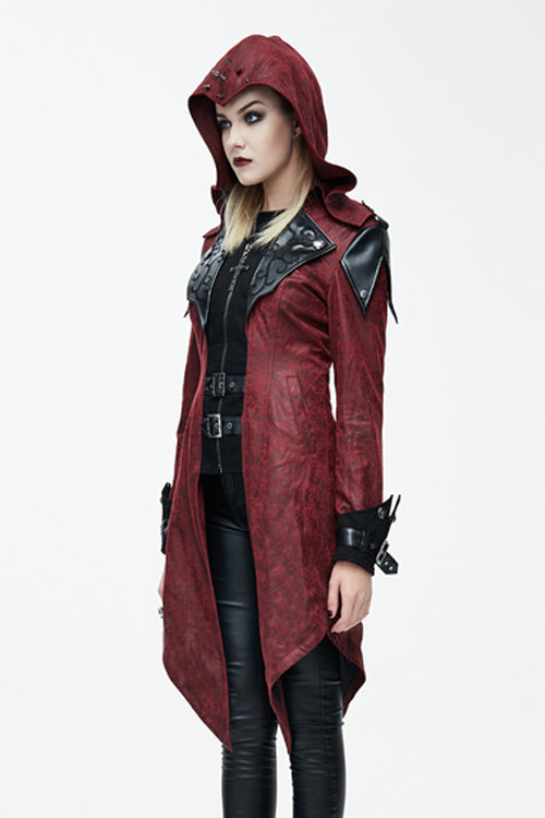 Punk Black And Red Applique Womens Hooded Leather Long Coats
