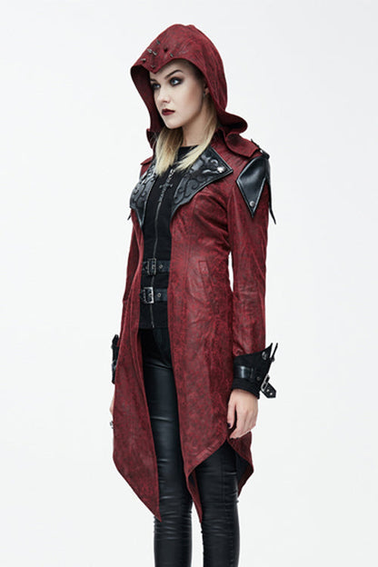 Punk Black And Red Applique Womens Hooded Leather Long Coats