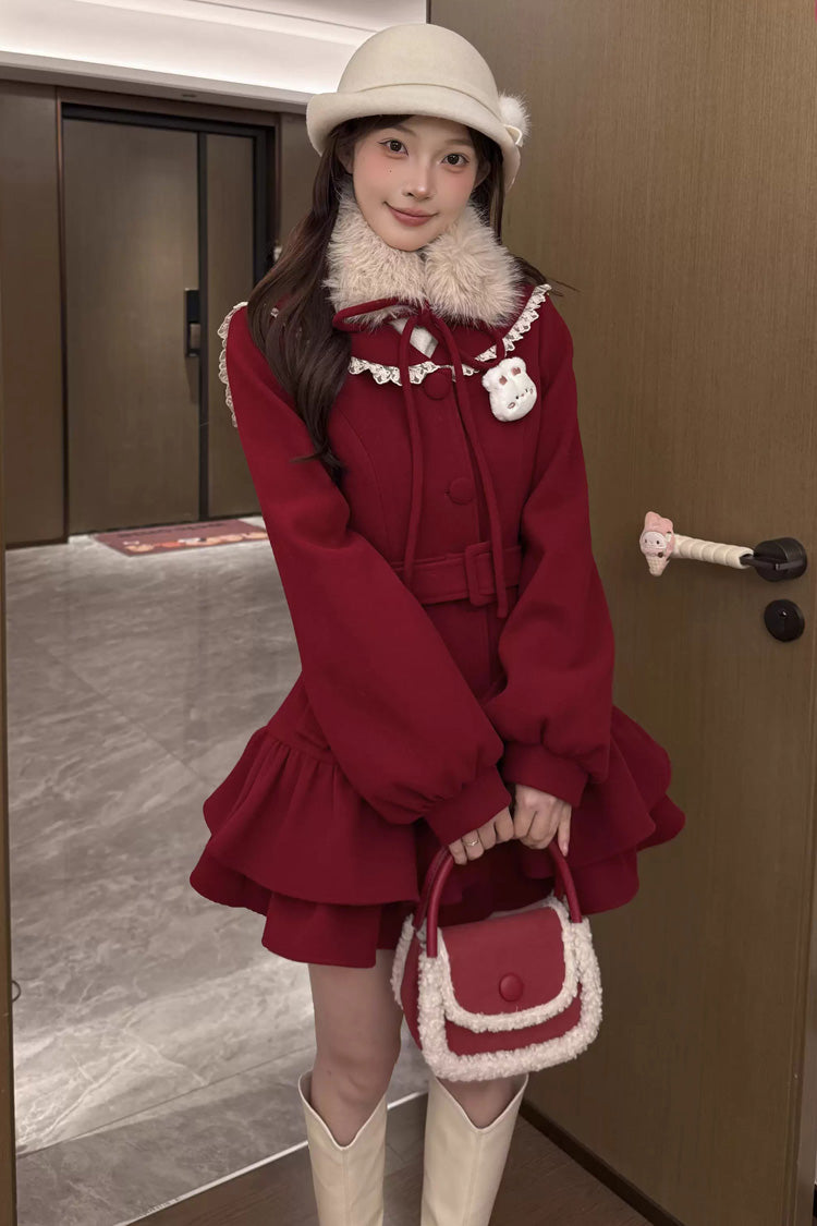 Red [Berry Champagne] Doll Collar Long Sleeves Double-Layered Ruffled Sweet Princess Lolita Wool-blend Coat