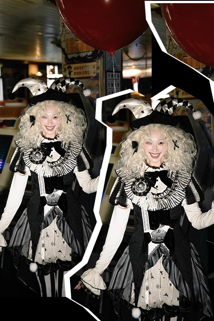 Black [Weird Toy Box] Circus Clown Halloween Print Ruffle Embroidery Asymmetric Gothic Ouji Lolita Full Set
