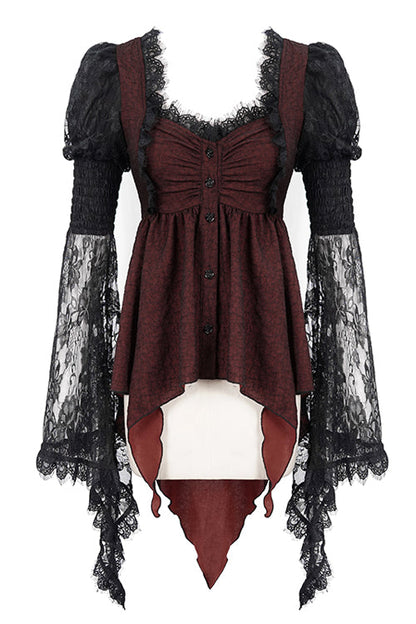 Black With Red Lace Trumpet Sleeves Womens Gothic Lolita Blouse