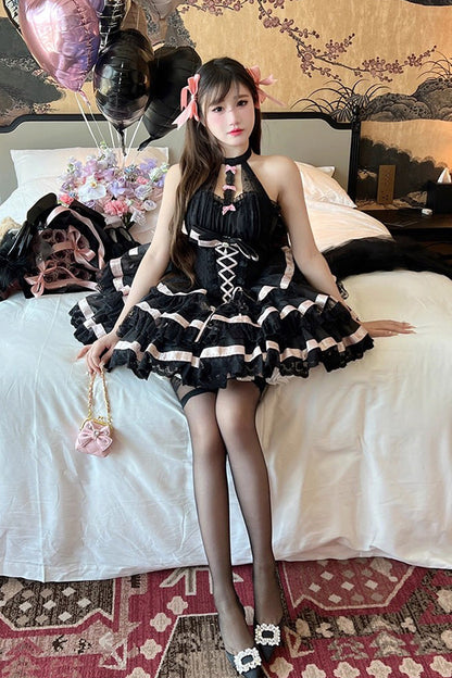 Black [Ballet Dream] Halterneck Triple-Layered Ruffle Bowknot Lace-Up Sweet Princess Lolita Dress