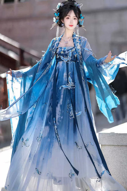 Blue Print Embroidery Women's Gorgeous Hanfu Dress Full Set