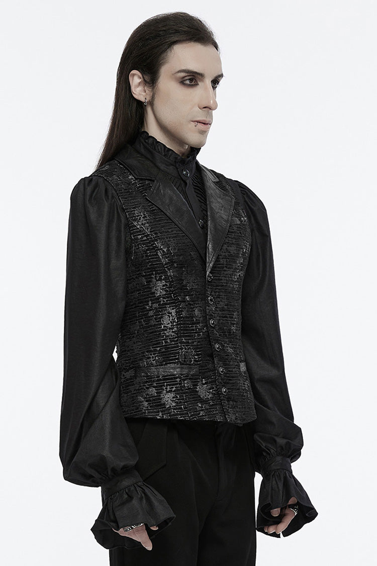 Black V Collar Sleeveless Print Skull Buckle Men's Gothic Vest
