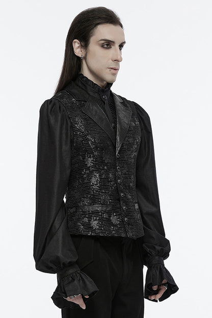 Black V Collar Sleeveless Print Skull Buckle Men's Gothic Vest
