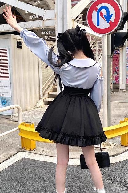Black/Blue Off Shoulder Long Sleeves Ruffle Bowknot Sweet Jirai Kei Japanese Set