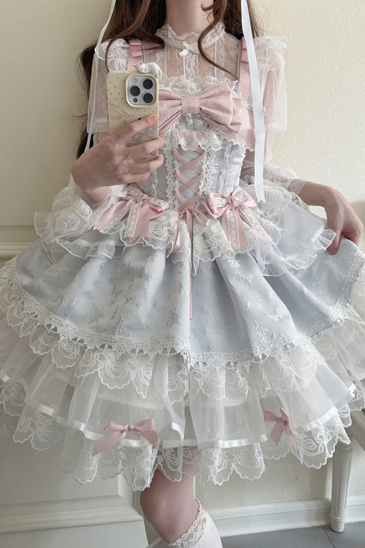 Blue [Fleishi Island] Sleeveless Ruffle Bowknot Lace Slim Sweet Ballet Lolita Jsk Dress