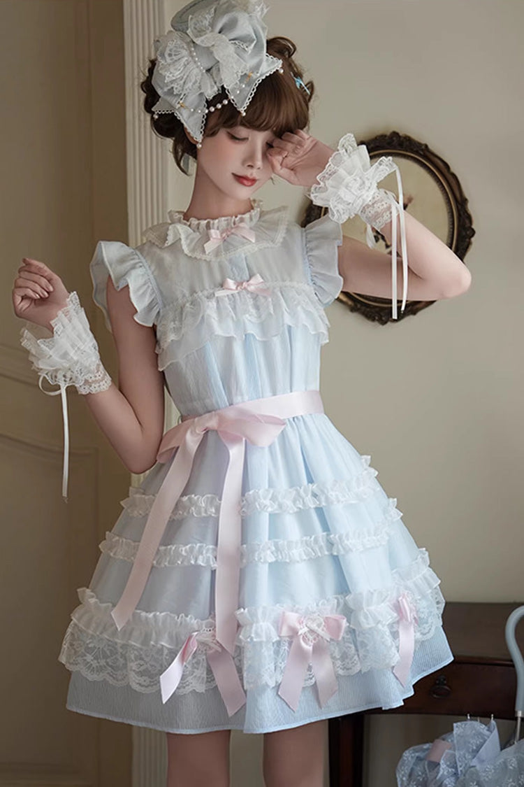 Blue [Frosted Cake] Stand Collar Sleeveless Ruffled Bow Lace Sweet Japanese Princess Lolita Tiered Dress