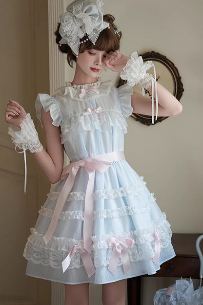 Blue [Frosted Cake] Stand Collar Sleeveless Ruffled Bow Lace Sweet Japanese Princess Lolita Tiered Dress