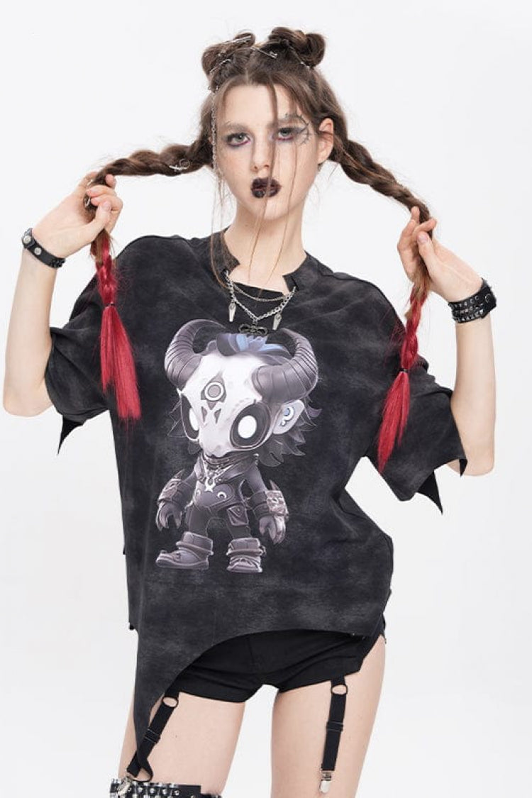 Black Short Sleeves Hitt Print Irregular Women's Punk T-Shirt
