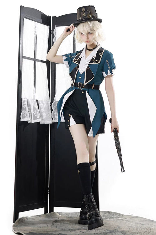 Black/Green [Anlexia Bookstore] Square Collar Short Sleeves Embroidered Studded Gothic College Style Prince Handsome Ouji Lolita Set