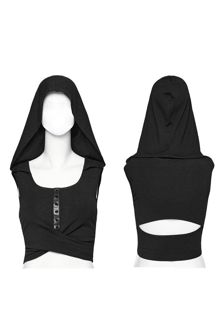 Black Sleeveless Cutout Crossed Hooded Women's Punk Tank Top