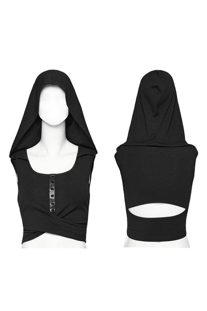 Black Sleeveless Cutout Crossed Hooded Women's Punk Tank Top