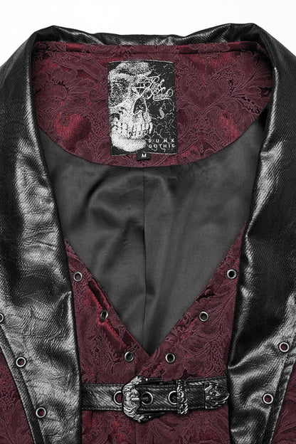 Black/Red Lapel V-neck Sleeveless Jacquard Buckle Men's Gothic Vest