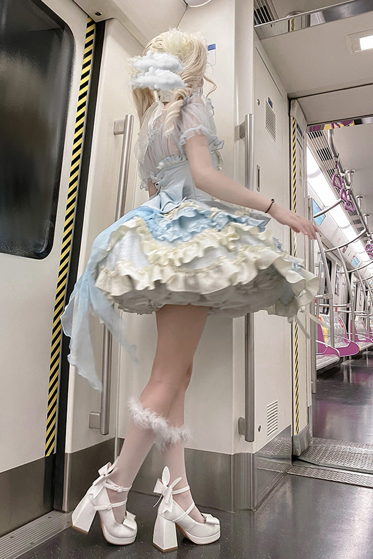 Blue [Heart of Butterfly] Halterneck Sleeveless Multi-Layered Ruffle Embroidery Princess Ballet Lolita Jsk Dress Set