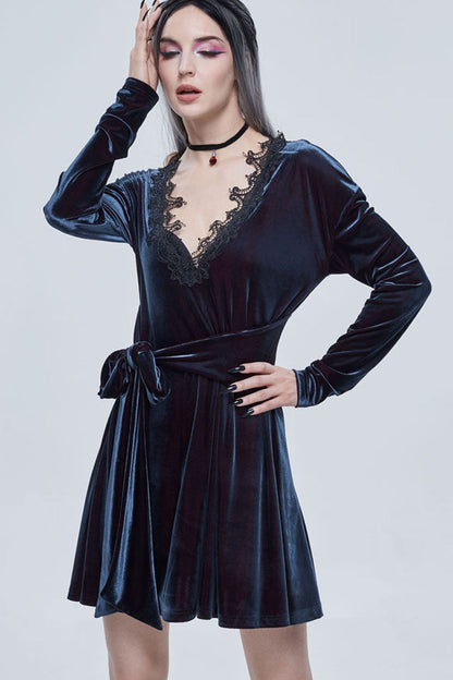 Black/Red Gothic Lace V Neck Bow-Knot Frenulum Velvet Long Sleeve Women's Dress
