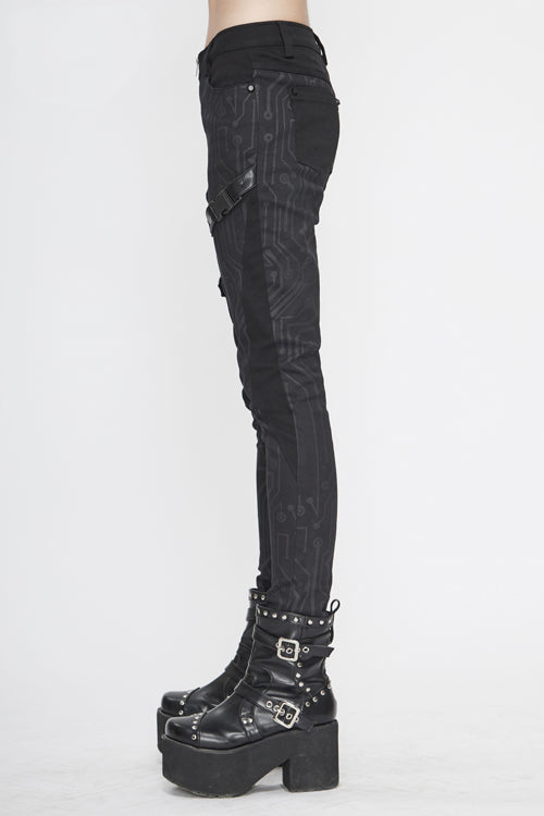 Black Punk Circuit Printed Leather Loops Womens Pants