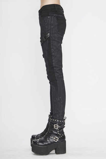 Black Punk Circuit Printed Leather Loops Womens Pants