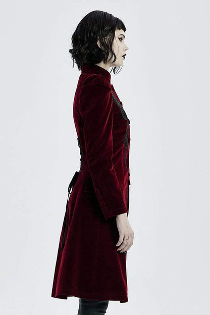 Red Gothic Velvet Stand Up Collar Front Chest Decals Back Waist Lace Up Women's Coat