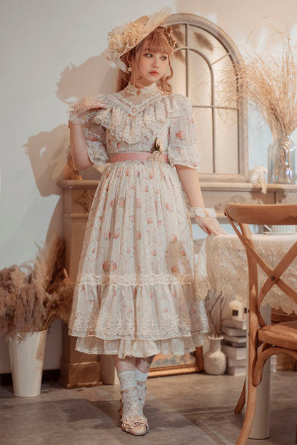 Elegant Vintage Rose Flowers Print Multi-Layer Embroidery Ruffled Sweet Lolita OP Dress