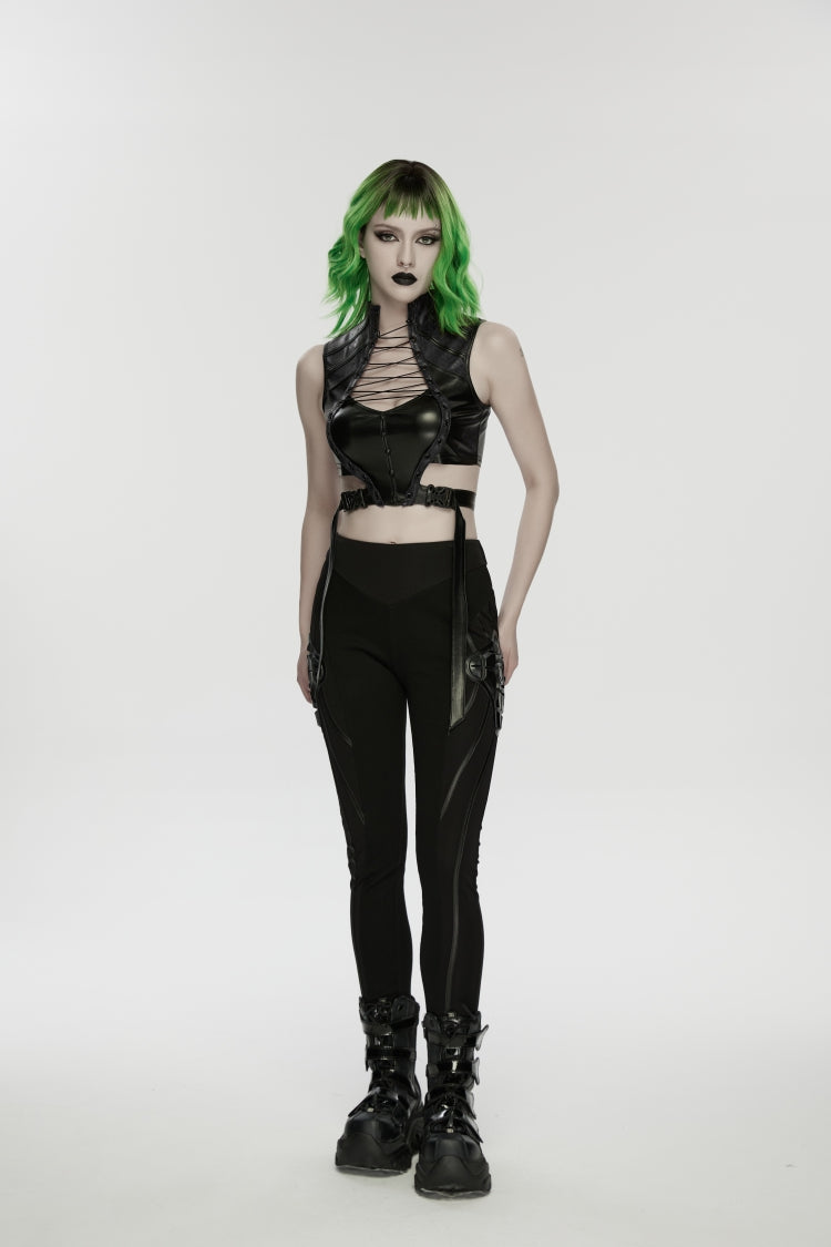 Black Slim Women's Punk Armor-Accentuated Paneled  Leggings