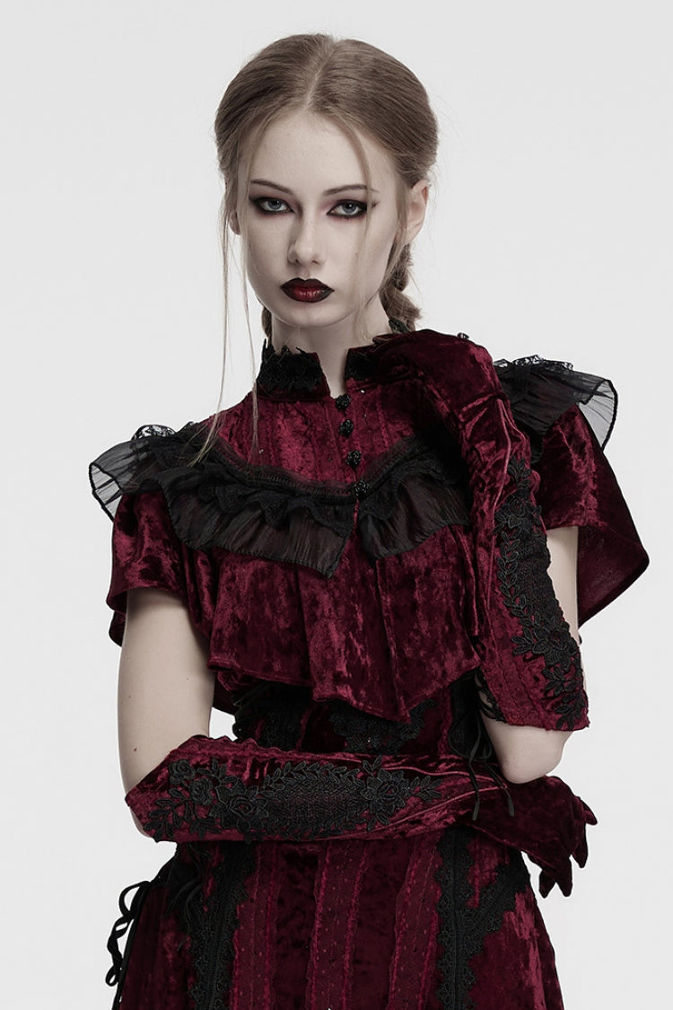 Red Floral Embroidery Lace-Up Women's Gothic Gloves