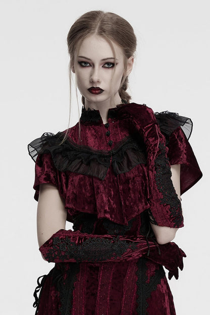 Red Floral Embroidery Lace-Up Women's Gothic Gloves