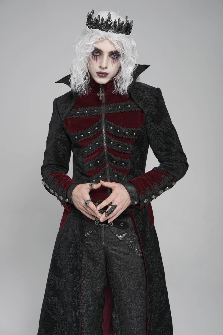 Black/Red Diamante Stand Collar Long Sleeves Printed Zippered Men's Gothic Long Coat